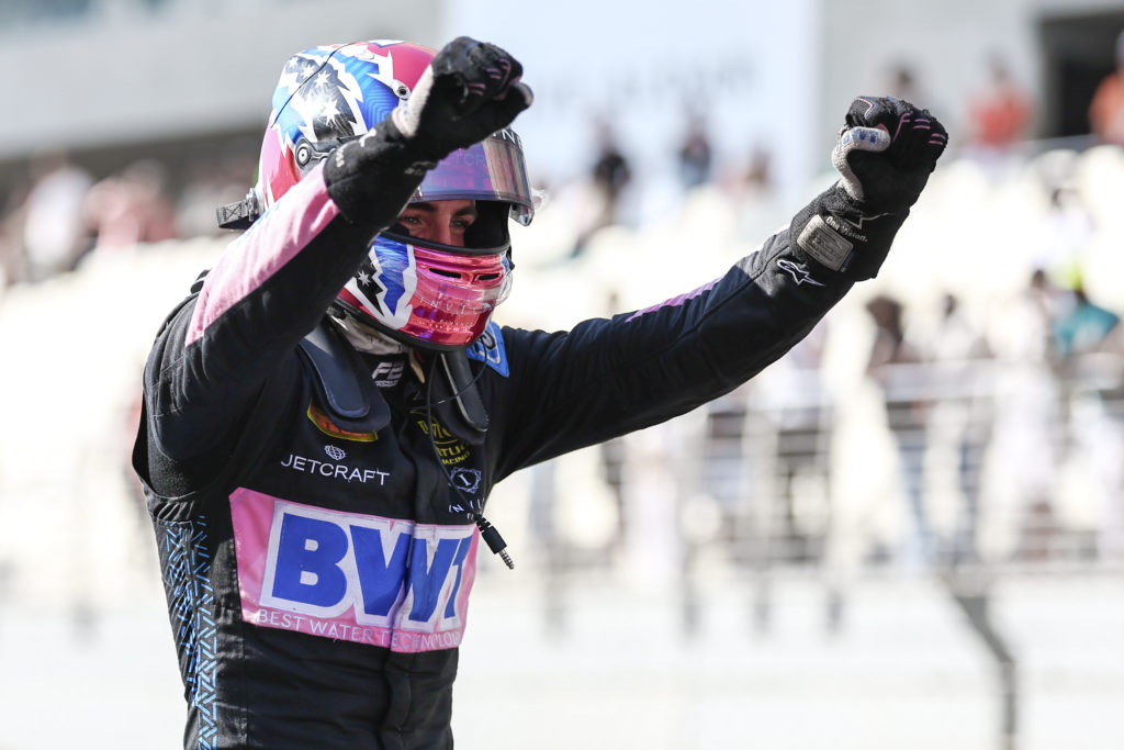 Alpine F1 reserve driver Jack Doohan celebrates winning 2023 Formula 2 Feature race at Abu Dhabi GP