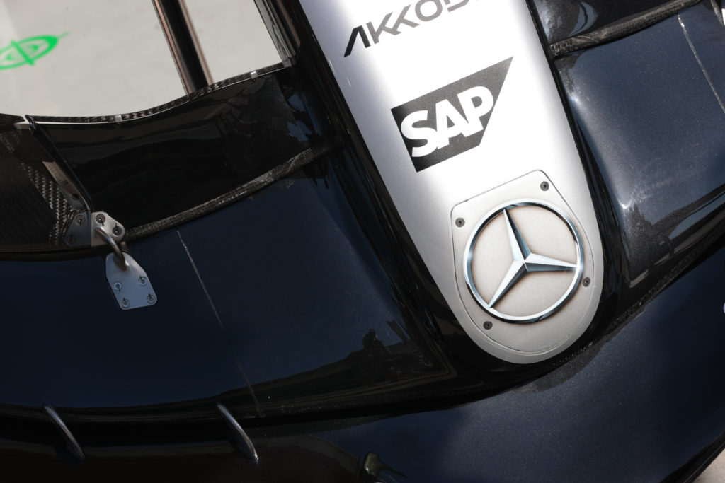 Mercedes W15 front wing at F1 2024 pre-season testing in Bahrain