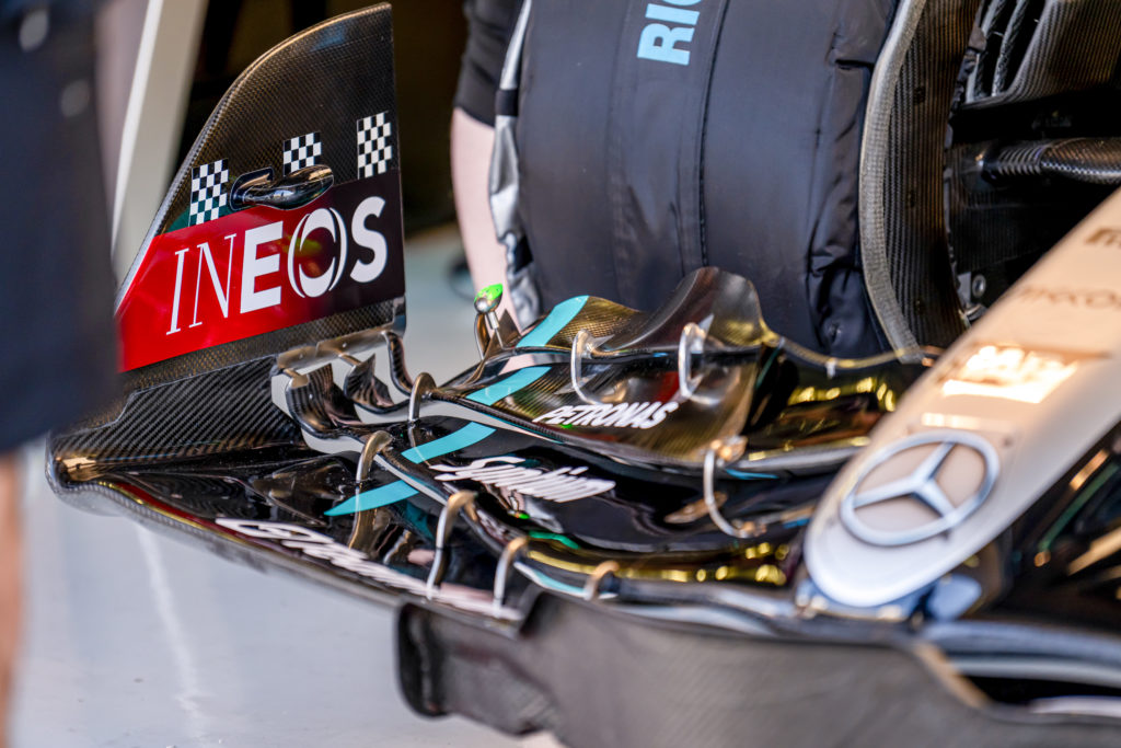 Mercedes W15 front wing at F1 2024 pre-season testing in Bahrain
