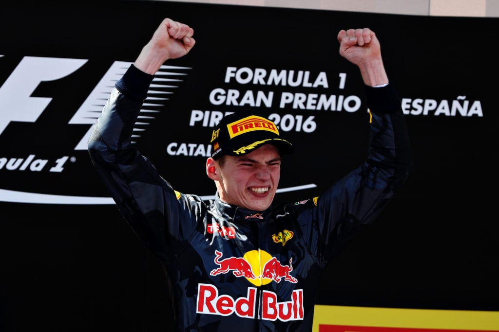 Red Bull driver Max Verstappen celebrates winning 2016 F1 Spanish GP on debut for team