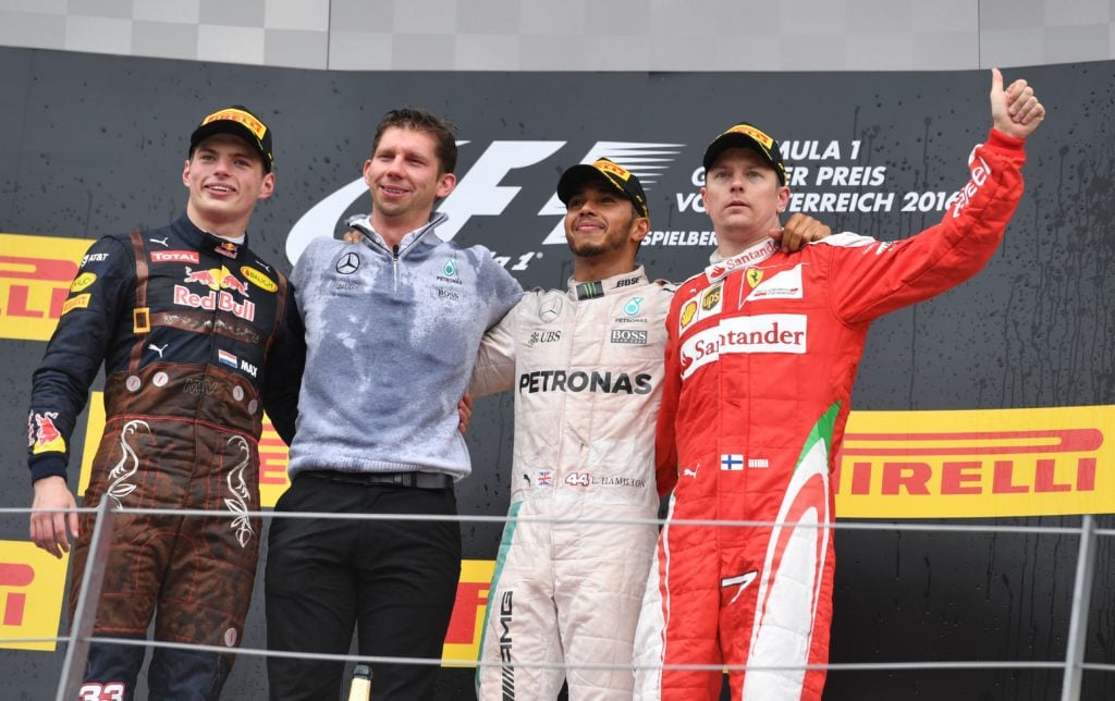 Mercedes driver Lewis Hamilton celebrates after 2016 Austrian GP with James Vowles, now of Williams