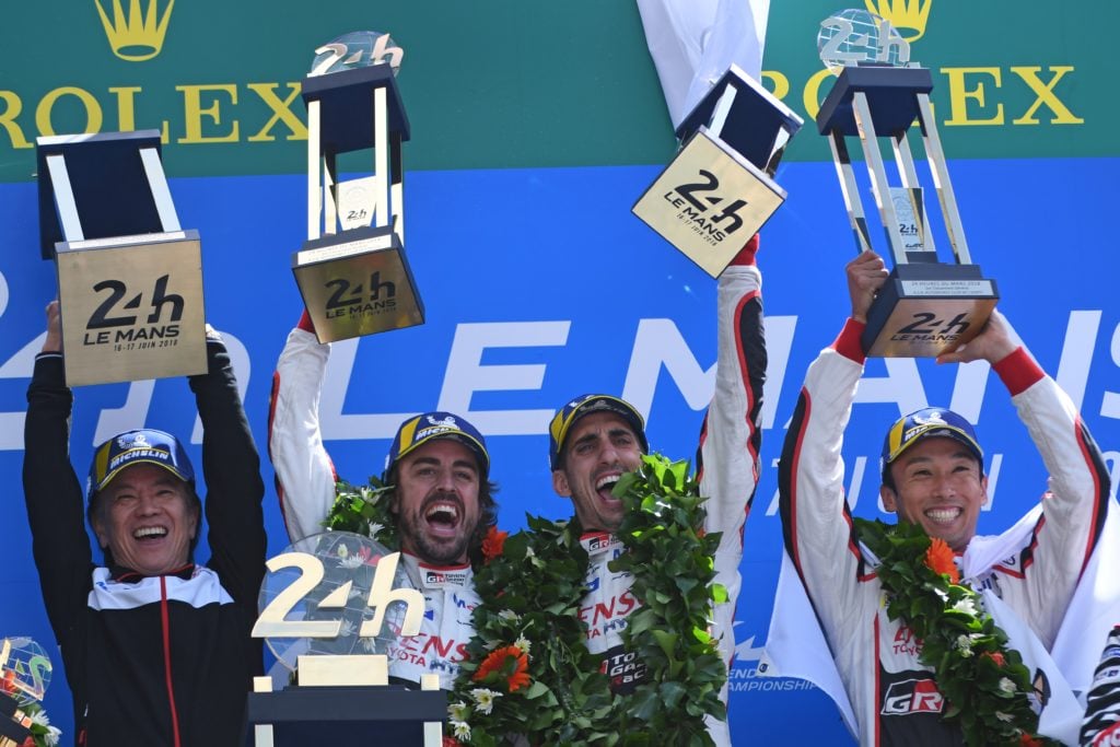 Fernando Alonso celebrates winning 2018 Le Mans 24 Hours with Toyota