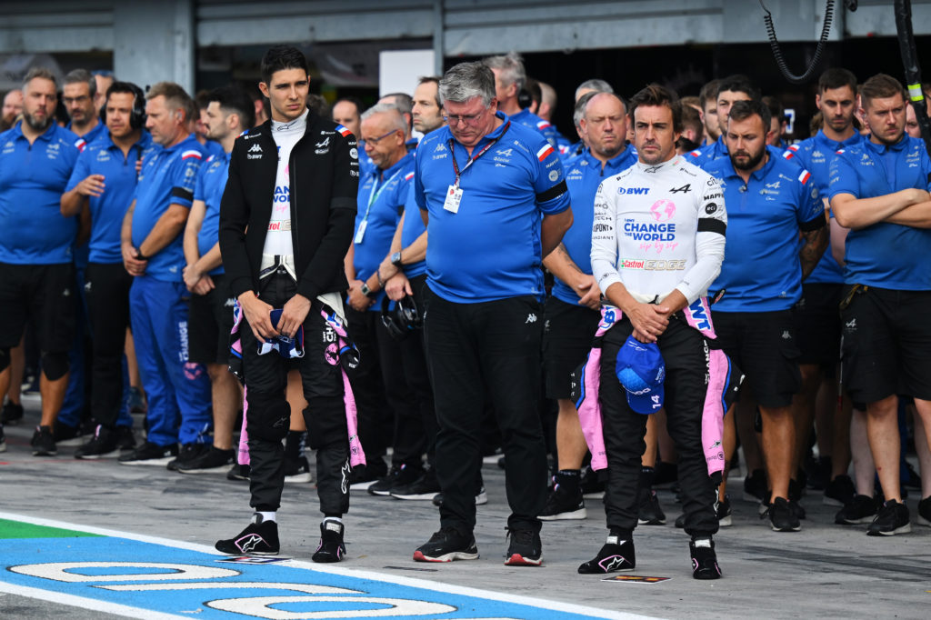 Esteban Ocon, Otmar Szafnauer and Fernando Alonso of Alpine at 2022 F1 Italian GP