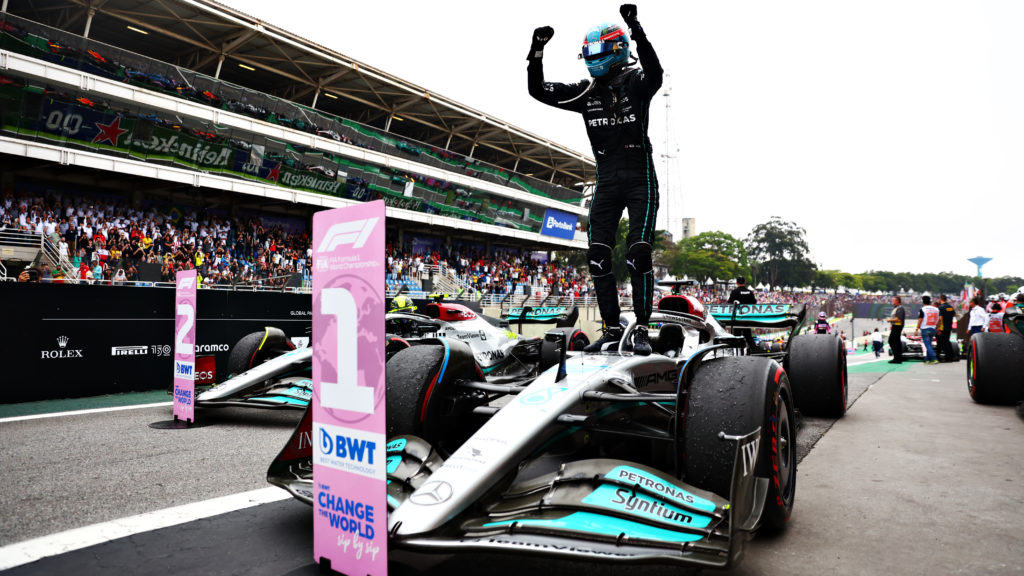 Mercedes driver George Russell celebrates winning 2022 F1 Sao Paulo GP in Brazil