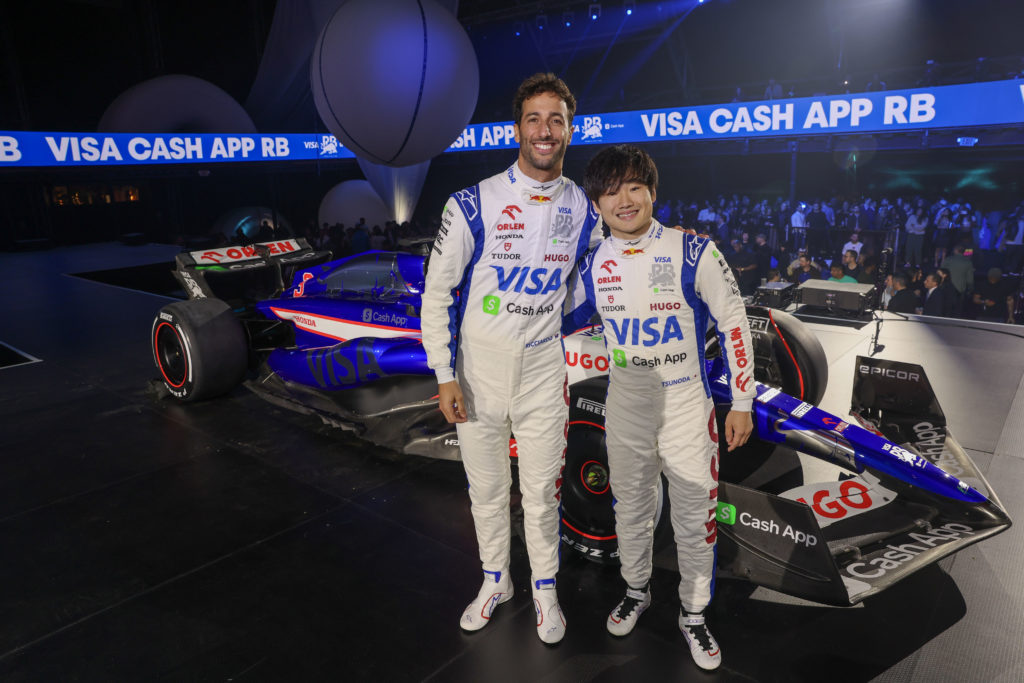 Visa Cash App RB drivers Daniel Ricciardo and Yuki Tsunoda at 2024 F1 car launch