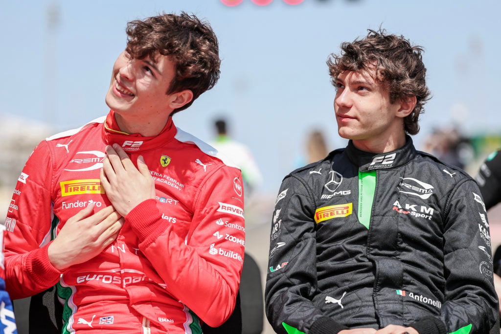 Ferrari junior driver Oliver Bearman with Mercedes protege Andrea Kimi Antonelli as Prema F2 teammates at 2024 F1 Bahrain GP