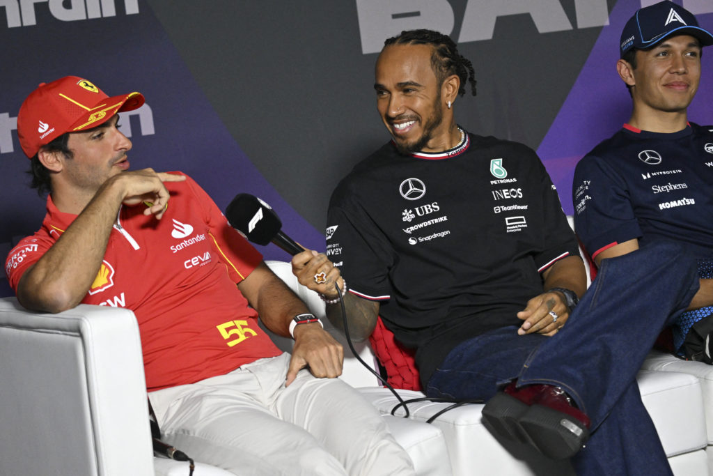Mercedes driver Lewis Hamilton with Carlos Sainz of Ferrari and Alex Albon of Williams at 2024 F1 Bahrain GP