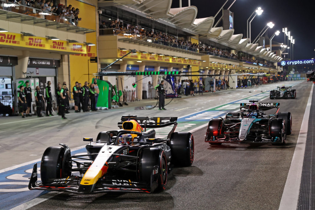 Mercedes driver Lewis Hamilton follows Max Verstappen of Red Bull at 2024 F1 Bahrain GP