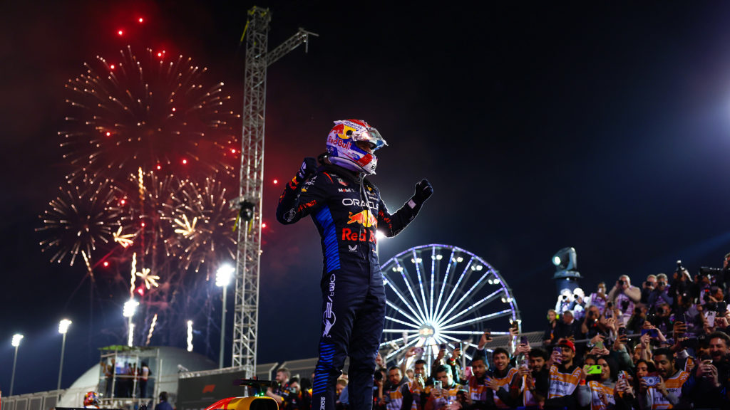 Red Bull driver Max Verstappen celebrates winning 2024 F1 Bahrain GP