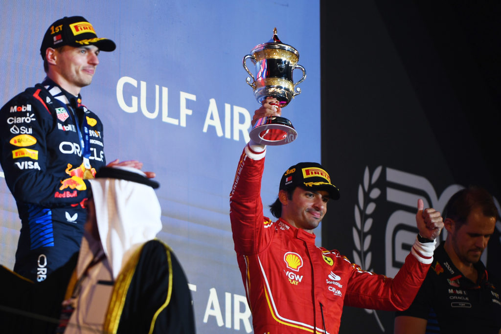 Ferrari drivers Carlos Sainz celebrates podium at 2024 F1 Bahrain GP