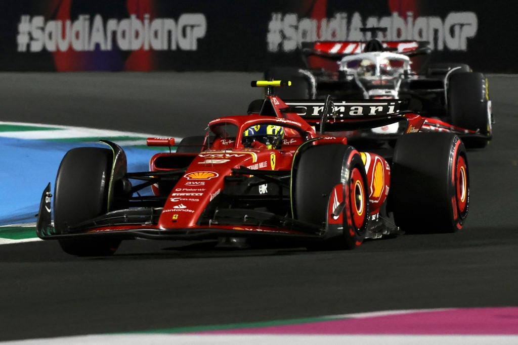 Ferrari F1 reserve driver Oliver Bearman racing Kevin Magnussen of Haas in 2024 Saudi Arabian GP