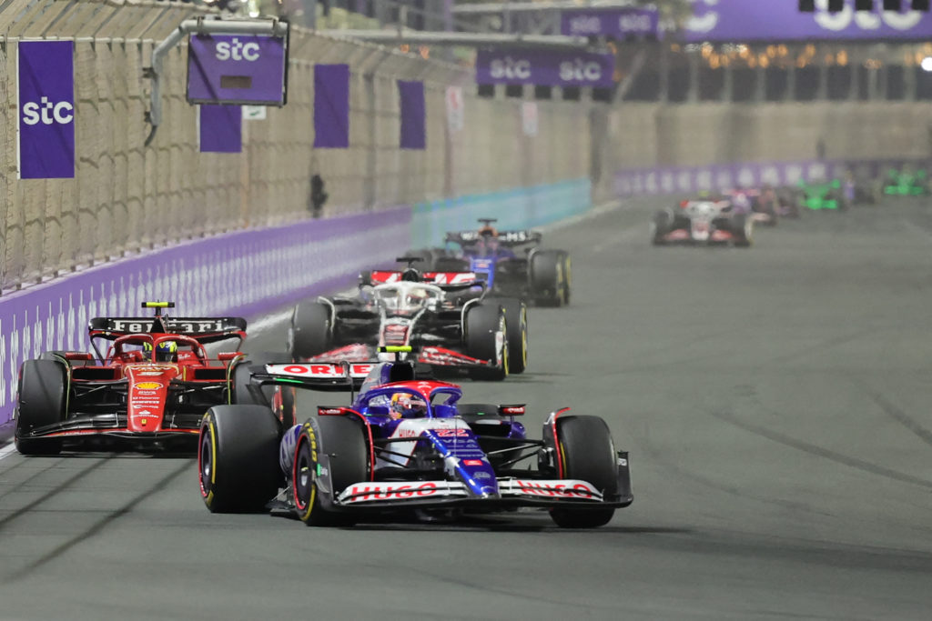 Ferrari F1 reserve driver Oliver Bearman racing Yuki Tsunoda of Visa Cash App RB in 2024 Saudi Arabian GP