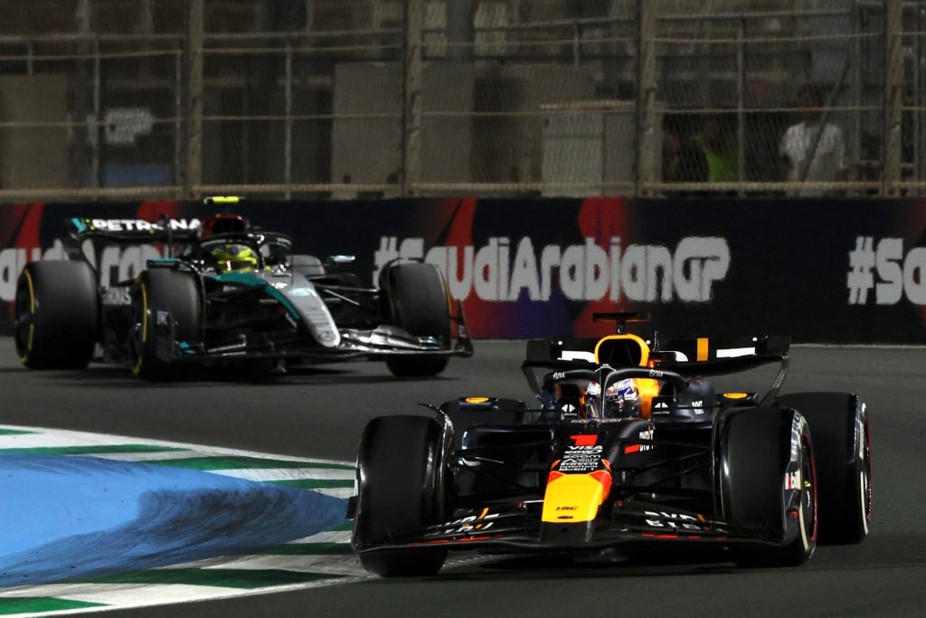 Mercedes driver Lewis Hamilton follows Max Verstappen of Red Bull at 2024 F1 Saudi Arabian GP