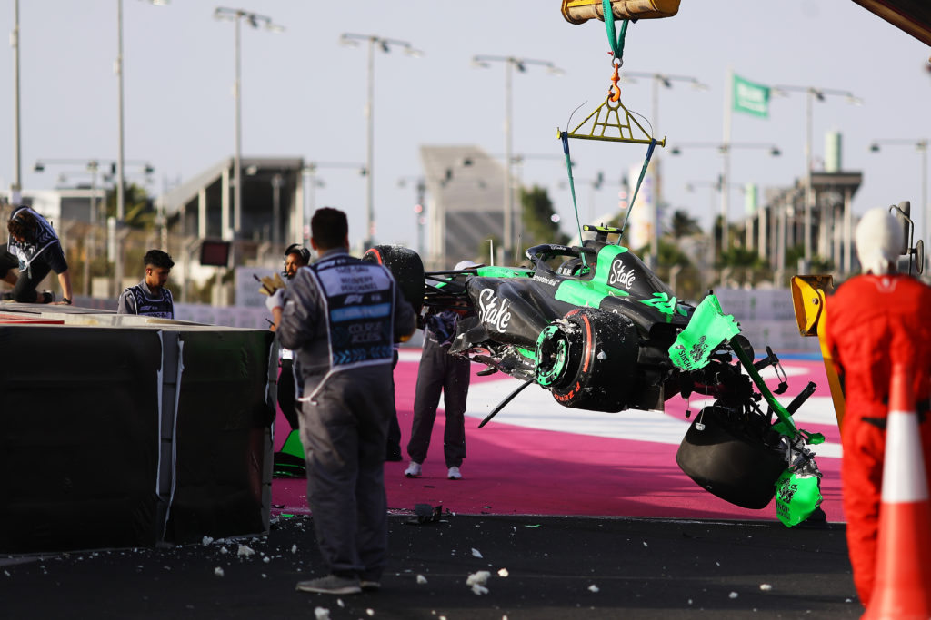 Stake F1 Team Sauber car of Zhou Guanyu after crash in 2024 Saudi Arabian GP third practice