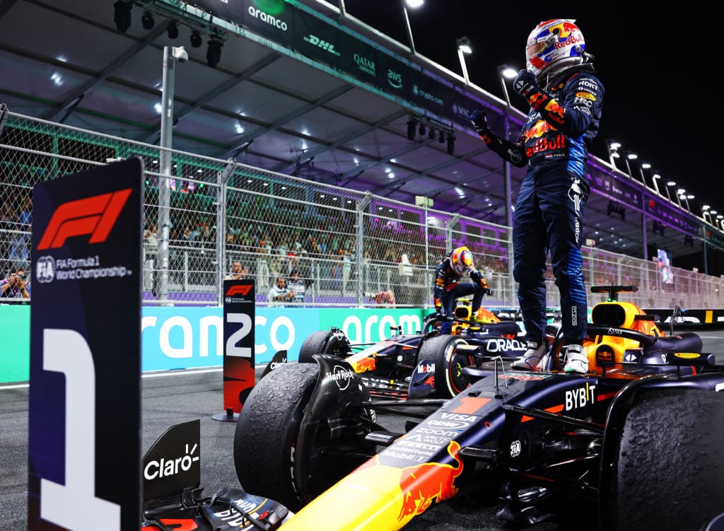 Red Bull driver Max Verstappen celebrates winning 2024 F1 Saudi Arabian GP
