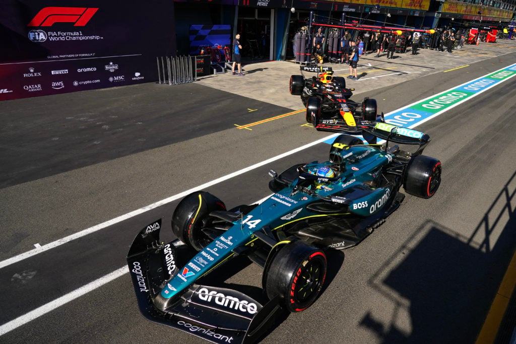 Aston Martin driver Fernando Alonso and Sergio Perez of Red Bull during 2024 F1 Australian GP qualifying