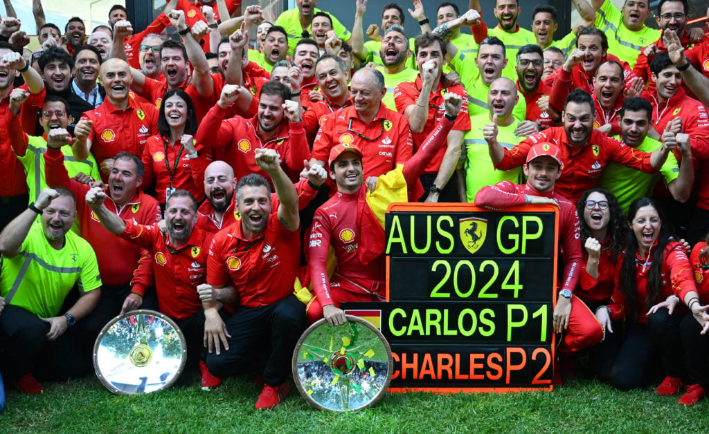 Carlos Sainz celebrating win at 2024 F1 Australian GP in Ferrari one-two with Charles Leclerc