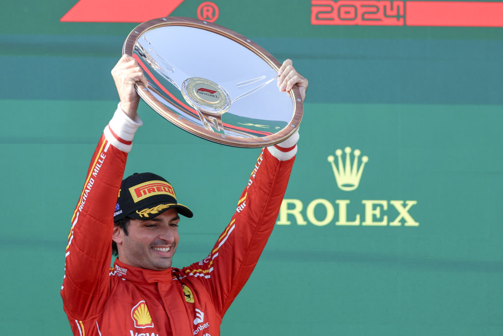 Ferrari driver Carlos Sainz celebrates win at 2024 F1 Australian GP