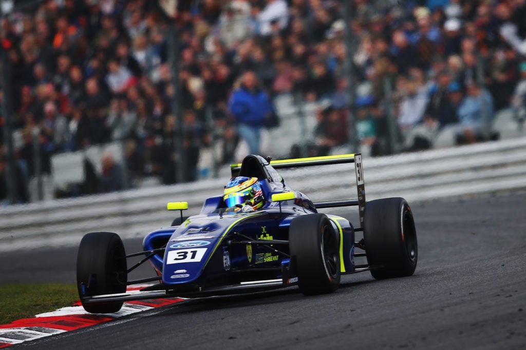 Logan Sargeant driving for Carlin at Brands Hatch in 2017 British F4 championship