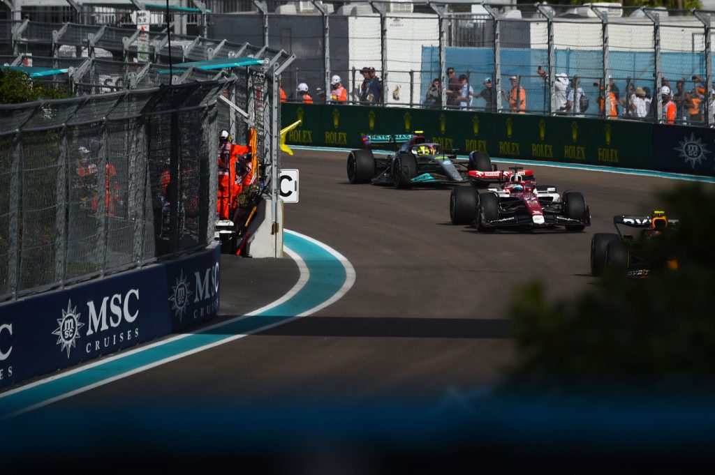 Mercedes driver Lewis Hamilton follows Valtteri Bottas behind the safety car during the 2022 F1 Miami Grand Prix