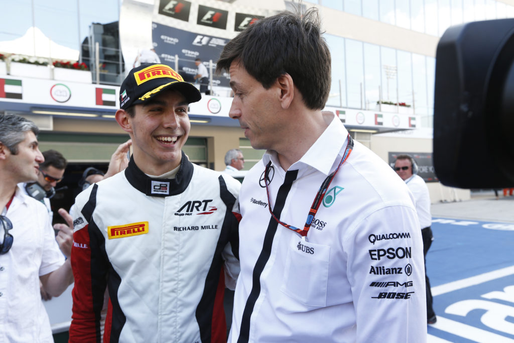 2015 GP3 Series Round 9.Yas Marina Circuit, Abu Dhabi, UAE..Sunday 29 November 2015..Esteban Ocon (FRA, ART Grand Prix) with Toto Wolff.Photo: Sam Bloxham/GP3 Series Media Service..ref: Digital Image _SBL0223