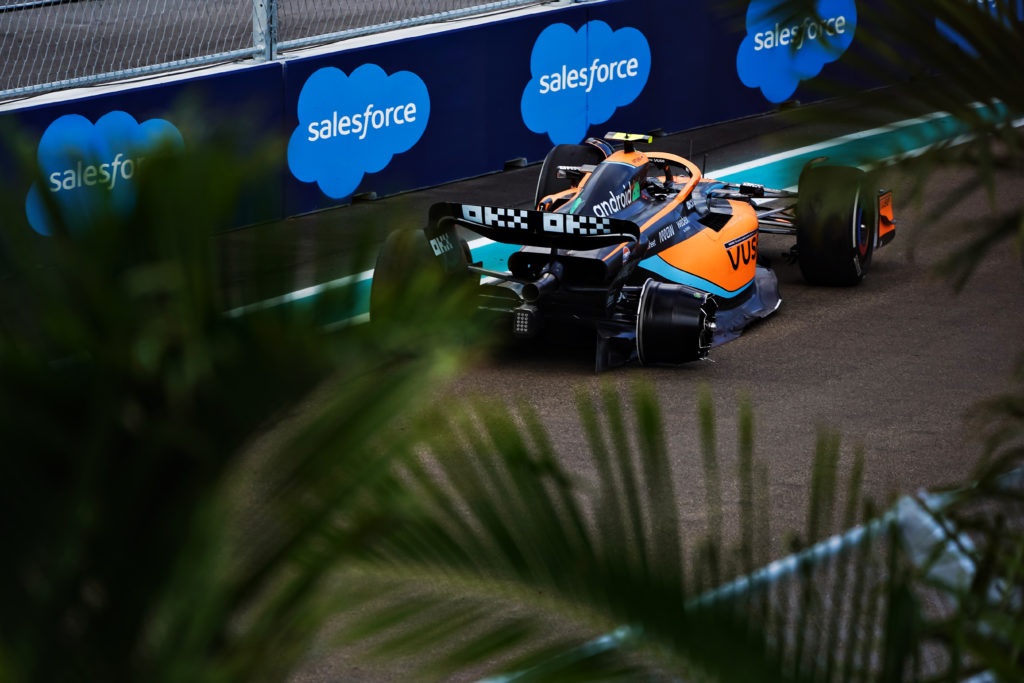 Lando Norris of McLaren retires from the 2022 F1 Miami Grand Prix after a crash with Pierre Gasly