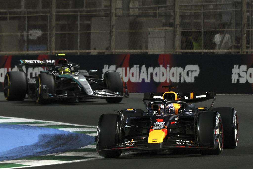 Mercedes driver Lewis Hamilton follows Max Verstappen of Red Bull at 2024 Saudi Arabian GP
