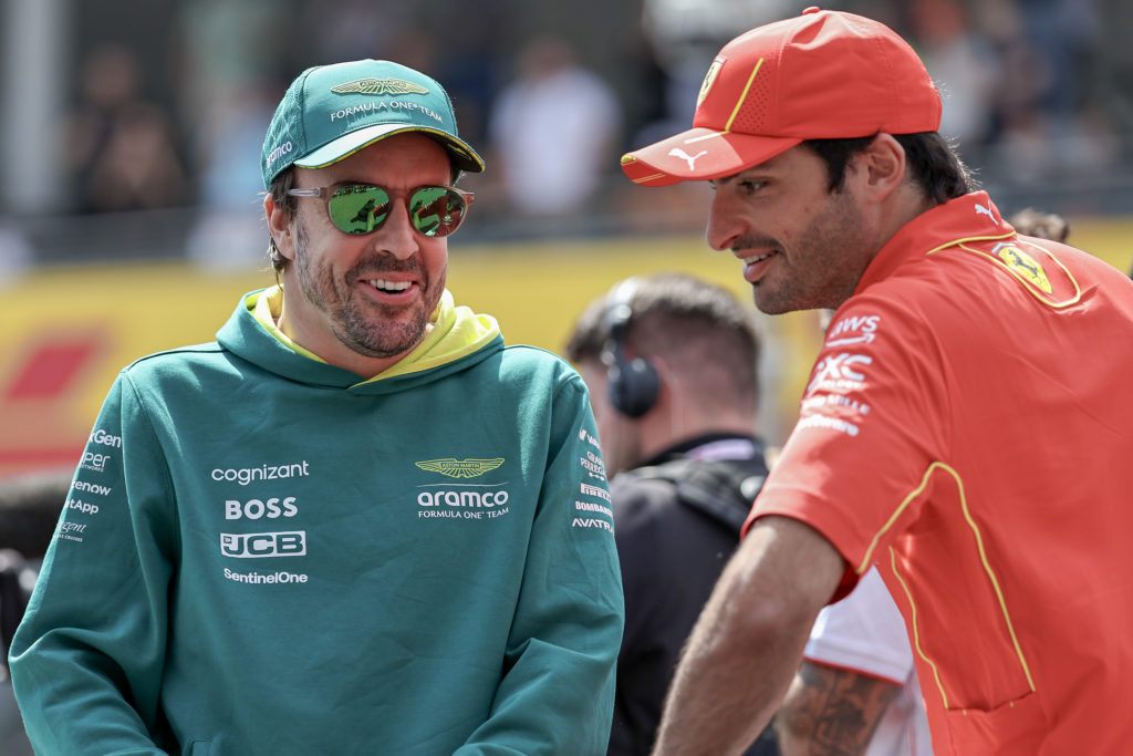 Aston Martin driver Fernando Alonso and Carlos Sainz of Ferrari at 2024 F1 Japanese GP