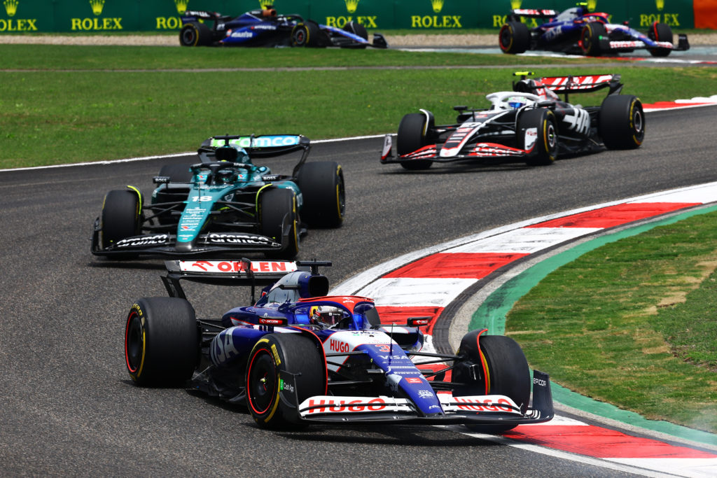 Aston Martin driver Lance Stroll follows Daniel Ricciardo of Visa Cash App RB at 2024 F1 Chinese GP