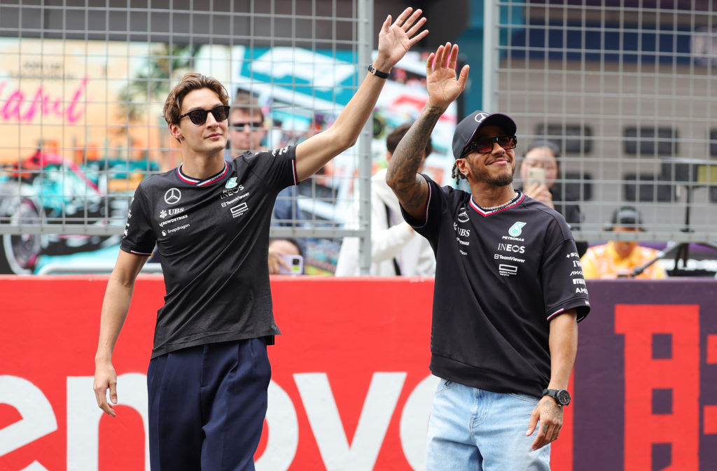 Mercedes teammates George Russell and Lewis Hamilton at 2024 F1 Chinese GP
