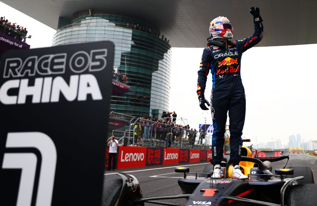 Red Bull driver Max Verstappen celebrates winning 2024 F1 Chinese GP