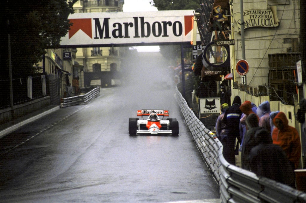 Alain Prost wins 1984 F1 Monaco GP driving for McLaren