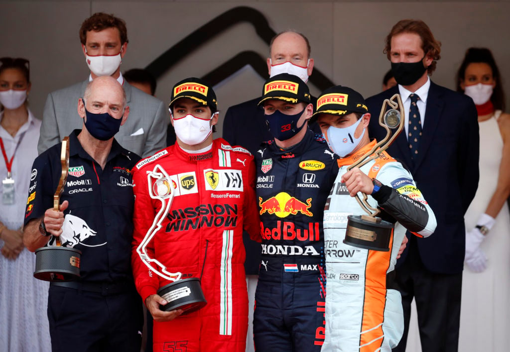 McLaren driver Lando Norris celebrates P3 on the podium at the 2021 Monaco Grand Prix