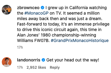 Lando Norris sends a message on Instagram to Zak Brown during his lap at the Monaco Historique