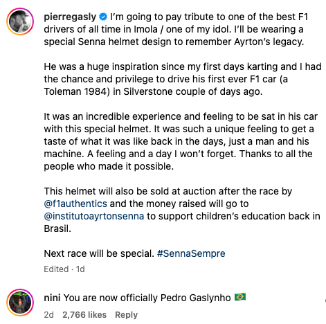 F1 fans have reacted to Pierre Gasly’s Ayrton Senna inspired helmet design for the next race in Imola