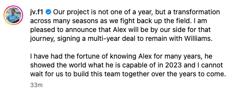 James Vowles posts message on Instagram after Alex Albon’s Williams contract extension