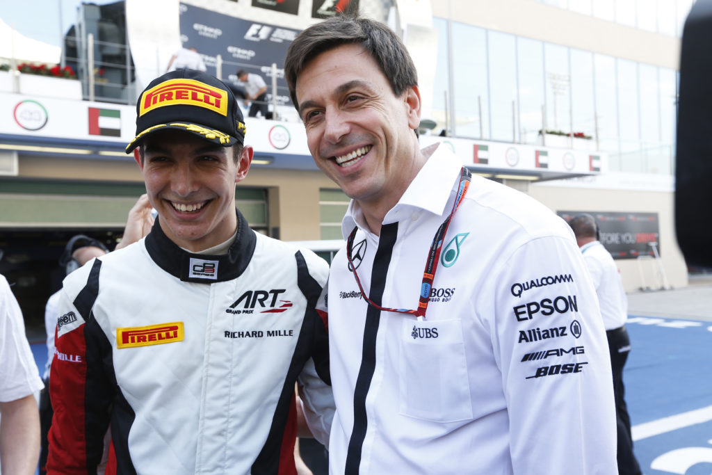 2015 GP3 Series Round 9.Yas Marina Circuit, Abu Dhabi, UAE..Sunday 29 November 2015..Esteban Ocon (FRA, ART Grand Prix) with Toto Wolff.Photo: Sam Bloxham/GP3 Series Media Service..ref: Digital Image _SBL0227