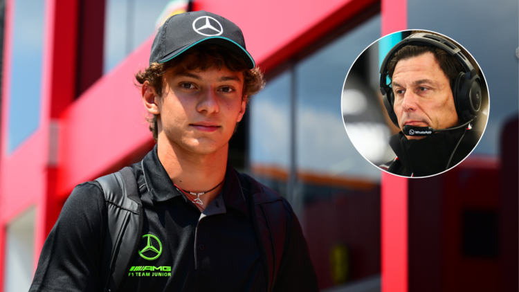 Mercedes junior driver and Prema F2 driver Andrea Kimi Antonelli arrives at the 2024 F1 Hungarian Grand Prix. Inset, Mercedes Formula 1 team princi...