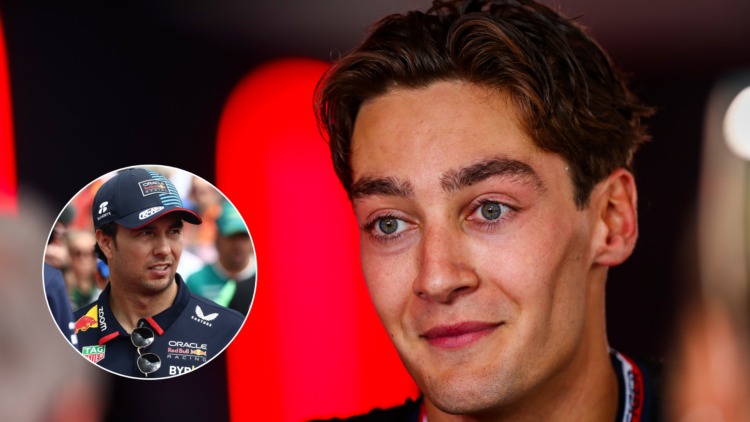Mercedes driver George Russell speaking after the 2024 Formula 1 Hungarian Grand Prix. Inset, Sergio Perez of Red Bull Racing ahead of the 2024 F1 ...