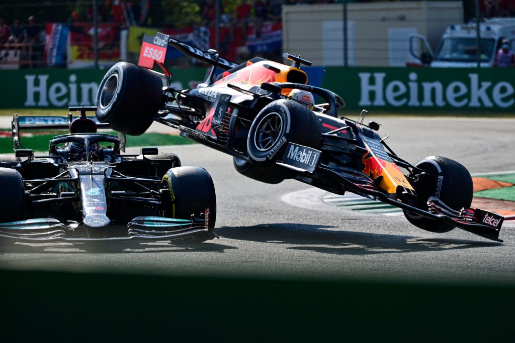 Max Verstappen's Red Bull flies through the air over Lewis Hamilton's Mercedes at the 2020 Italian Grand Prix