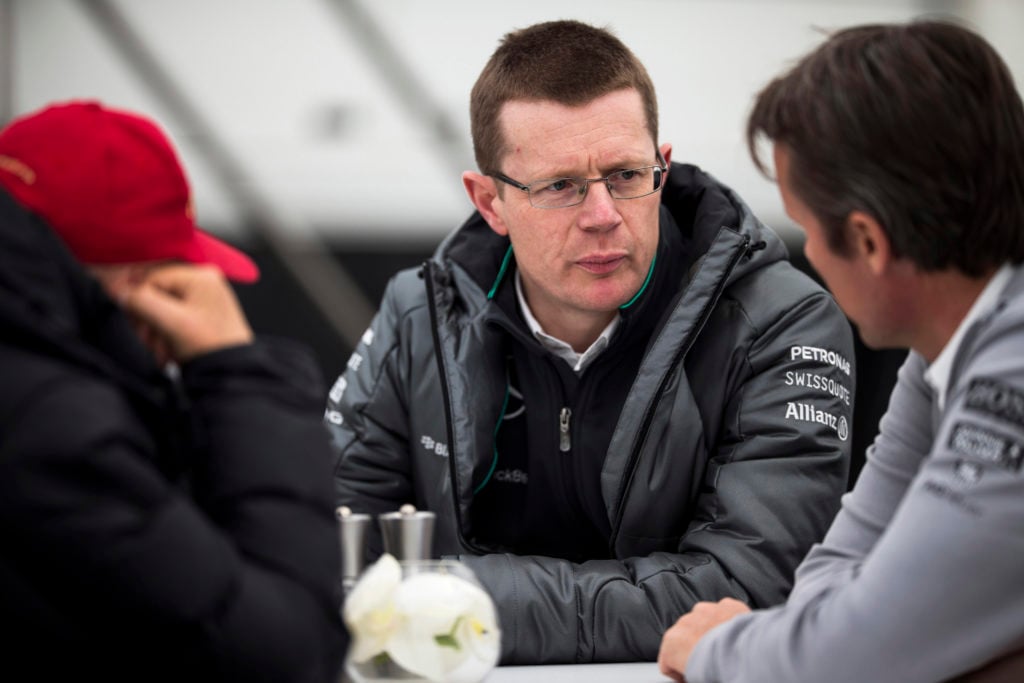 L-R: Niki Lauda, Andy Cowell, Sam Michael, 2014 Formula One Pre-Season Testing, Jerez, Spain