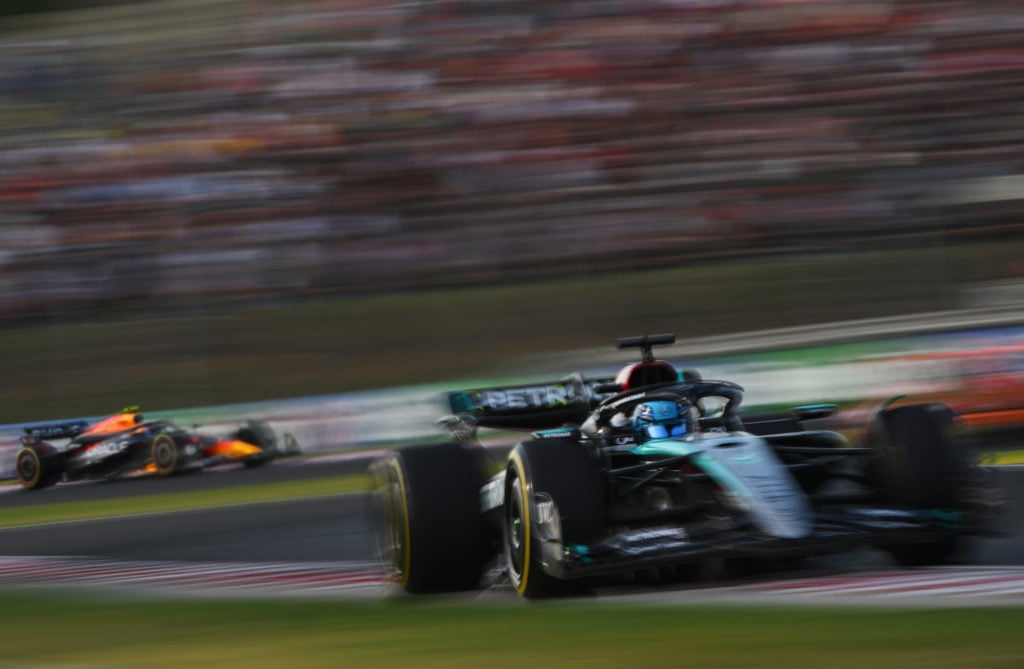 George Russell of Great Britain driving the (63) Mercedes AMG Petronas F1 Team W15 on track during practice ahead of the 2024 F1 Grand Prix of Hungary at Hungaroring.