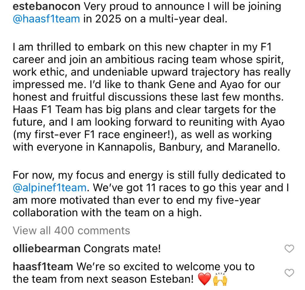 Oliver Bearman reacts to Esteban Ocon being confirmed as his new Haas teammate