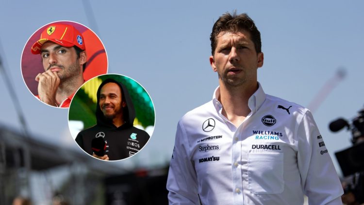 Williams team principal James Vowles during the F1 Sprint at the 2024 Austrian Grand Prix. Inset, Ferrari driver Carlos Sainz during a press confer...