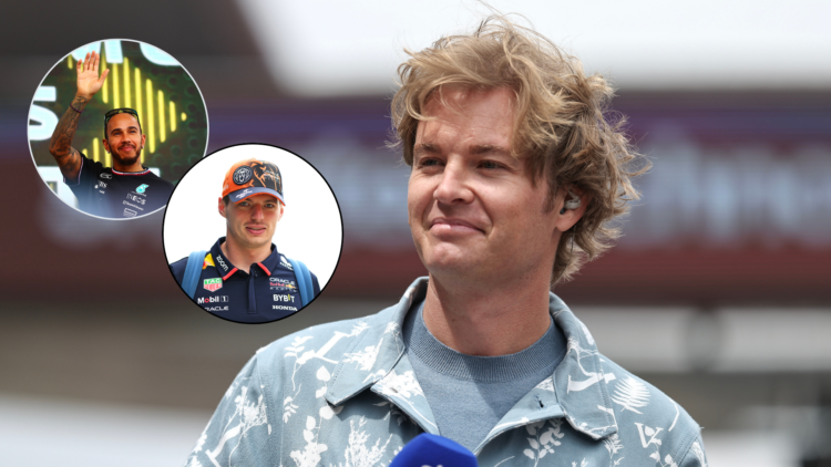 Sky Sports F1 pundit Nico Rosberg at the 2024 Monaco Grand Prix. Inset, Mercedes driver Lewis Hamilton and Red Bull driver Max Verstappen at the 20...