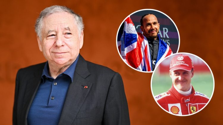 Jean Todt attends the 2023 French Open at Roland Garros. Inset, two images of Lewis Hamilton and Michael Schumacher respectively.