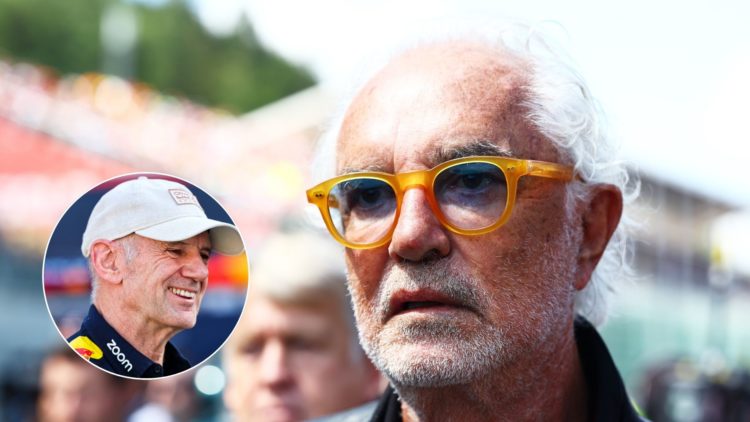 Alpine special adviser Flavio Briatore on the grid before the 2024 Belgian Grand Prix. Inset, Red Bull chief technical official Adrian Newey reacts...