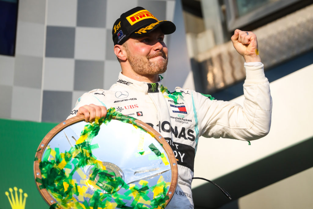 Mercedes driver Valtteri Bottas celebrates after winning the 2019 F1 Australian Grand Prix