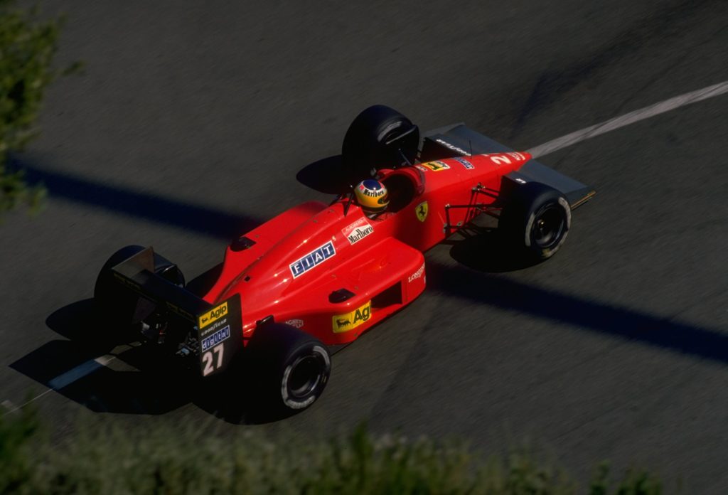 Michele Alboreto of Ferrari driving in the 1988 Italian Grand Prix after the death of Enzo Ferrari