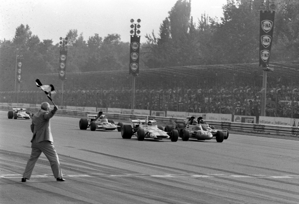 Motor racing, Italian Grand Prix, Monza, Italy, 5th September 1971, Great Britain's Peter Gethin (left) in a BRM car beats Sweden's Ronnie Peterson (centre) to win the race
